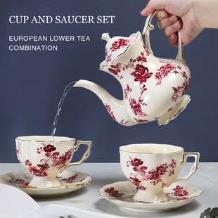欧式玫瑰图案陶瓷咖啡，杯碟套装带勺英式下午茶，大茶杯水杯水壶田园