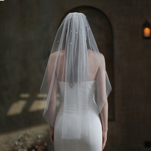 V842法式单层新娘头纱 简约复古钉珠点缀单层白色结婚礼拍照头饰