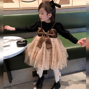 宝宝连衣裙秋冬韩版洋气时尚高端公主假两件网纱小女孩女童礼服裙