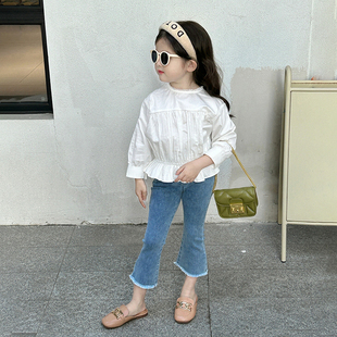 女童法式纯棉衬衫小时髦气质花边褶皱上衣针织背心洋气牛仔喇叭裤