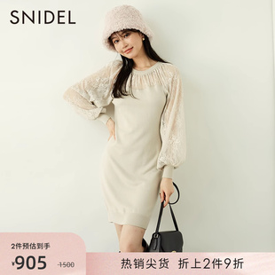 SNIDEL秋冬气质淑女灯笼袖圆领修身蕾丝拼接针织连衣裙SWNO235023