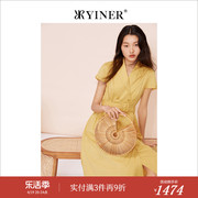 YINER音儿女装夏季法式优雅柠檬黄西装领连衣裙