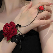 哥特风红色玫瑰戒指，手链一体复古设计花朵手环，洛丽塔蕾丝手腕饰品