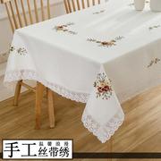 刺绣餐桌布壁纸棉麻，绣花长方形白色蕾丝茶几，布艺盖巾欧式田园客厅
