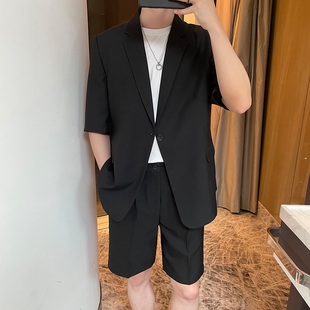 高级感炸街男装夏季韩版小西服套装ins搭配帅气约会穿搭7分袖外套