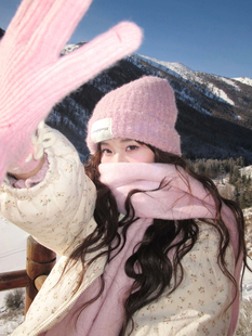韩系粉色针织毛线帽子围巾手套三件套女冬季2024冷帽大头围