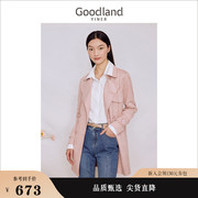 goodland美地女装2023秋季粉色中长款麂皮，绒一手长风衣外套