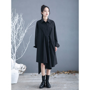 原创设计感黑色长袖连衣裙小众秋季纯棉暗黑系高冷风气质裙子