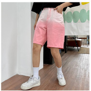 渐变粉色牛仔短裤女2022夏季高腰薄款显瘦设计感别致阔腿热裤