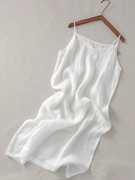 捡漏~白色苎麻v领吊带连衣裙，女夏季棉，亚麻内搭衬裙打底中长裙