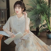 新中式半身长裙改良汉服衬衫，两件套装国风复古茶艺，禅意连衣裙