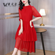 红色连衣裙2024女夏季气质韩版高级感显瘦高端桑蚕丝中长裙子
