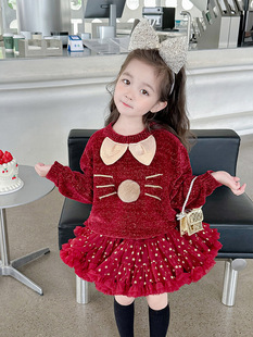 女童猫咪毛衣配蓬蓬半身tutu裙，长袖年服生日，秋冬套装酒红色公主裙