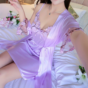 冰丝睡裙两件套女夏季蕾丝性感吊带裙中袖睡袍仙女花朵睡衣家居服