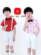 l儿童花童礼服男童粉红衬短衫，白背带裤主色持钢琴服合唱表演
