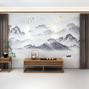 新中式山水风景画墙纸，客厅电视背景墙壁纸水墨，淡雅8d壁画影视墙布