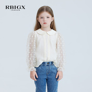 rbigx瑞比克童装秋季娃娃领网纱拼接上衣，女童甜美淑女小衫
