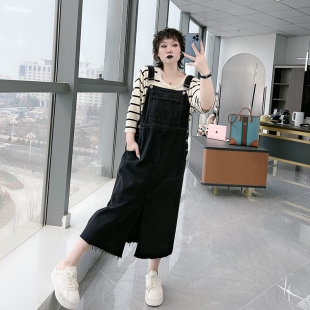 早春茶歇穿搭盐系大码女装200斤胖MM遮肉设计感背带牛仔连衣裙