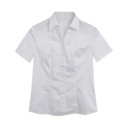 外贸夏季100%棉纯白色，短袖衬衫女士收腰显瘦职业装衬衣配西装上衣