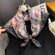 杭州丝绸韩国粉色花卉真丝围巾，披肩女100%桑蚕丝丝巾领巾70cm方巾
