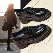 黑色真皮乐福鞋女鞋，2023年秋冬加绒厚底，松糕单鞋英伦风小皮鞋