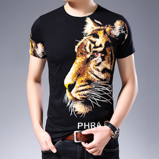 夏季男士带霸气短袖t恤个性，3d大老虎头动物，图案印花半袖体恤衫潮