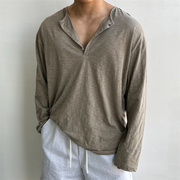 MRDONG韩国男装亨利领轻薄慵懒竹节棉纹理感宽松打底长袖T恤
