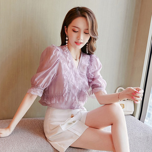2022夏季超仙上衣，韩版v领小衫显瘦淡紫色雪纺衫女短袖