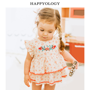 Happyology英国女童可爱两件套装纯棉英伦原创碎花印花木耳边裙摆