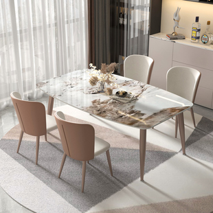 轻奢亮光岩板餐桌，现代简约家用长方形餐厅饭，桌子大理石餐桌椅组合