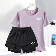 品牌冰丝短袖运动套装女夏季t恤透气速干瑜伽跑步羽毛球服两件套