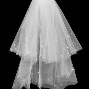 白色短款新娘结婚头纱，超仙森系网红拍照道具，珍珠头纱头饰女