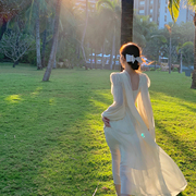 byyou夏季气质高级感茶歇法式泡泡，袖奶白色连衣裙长款收腰仙女裙
