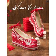 中式秀禾婚鞋女厚底婚礼结婚增高汉服，鞋子坡跟红色绣花鞋配马面裙