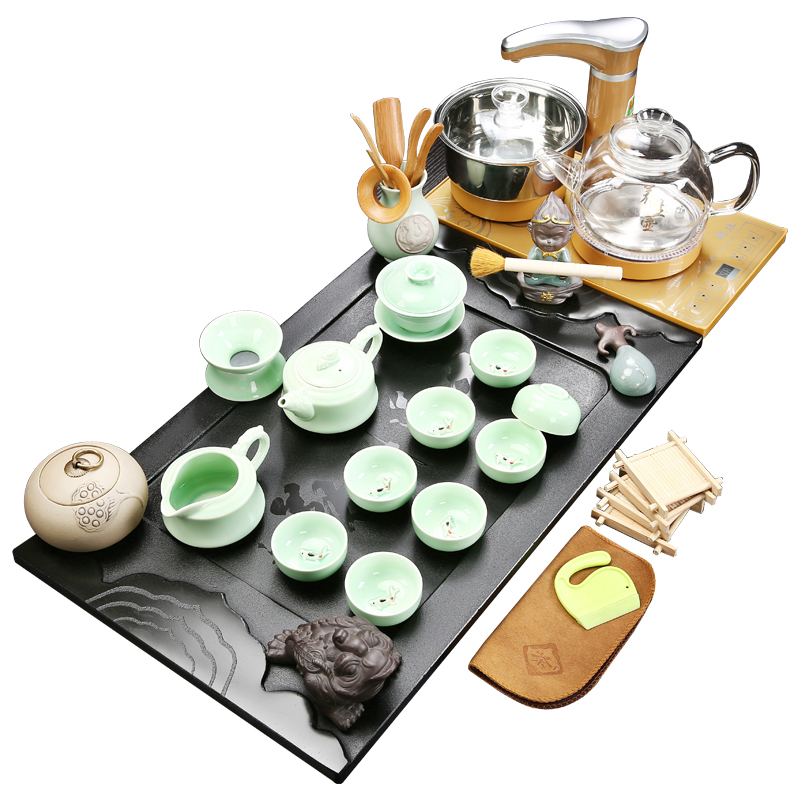 热卖全自动四合一简约乌金石茶盘家用玻璃喝茶壶功夫茶道茶具套装|msdalam kategori pinggan mangkuk, set teh, Pakej teh - dari Buy2taobao.com untuk memberikan perkhidmatan ejen Taobao profesional membeli