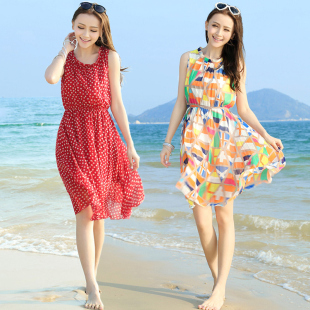 波西米亚背心裙红色波点无袖雪纺连衣裙夏短款飘逸海边度假沙滩裙