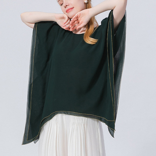 真丝乔其纱墨绿色圆领中袖双层对丝工艺燕尾，设计桑蚕丝t恤