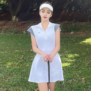 kaisio高尔夫服装，女夏季海军领拉链撞色拼接条纹运动连衣裙