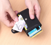时尚男女铝制自动卡包RFID防消磁防盗刷卡包钱包一体包油蜡真牛皮
