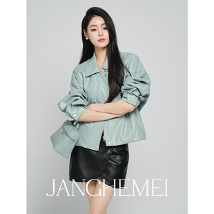 janghemei短款皮衣外套，机车长袖灰蓝色，春秋气质时尚夹克上衣