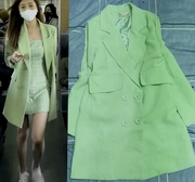 韩版女春秋冬装绿色宽松双排扣翻领，中长款大衣风衣外套小西装开衫
