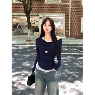 Adan蕾丝斜领露肩假两件上衣韩版收腰显瘦心机设计感长袖T恤女秋