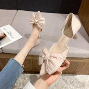 粉色蝴蝶结高跟鞋女夏2024年法式少女细跟尖头浅口中空单鞋子