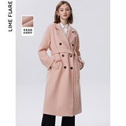 莱茵福莱尔法式粉色中长款大衣2023冬季设计感系带毛呢外套女