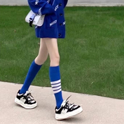 蓝色学院风小腿袜女运动jk袜不对称AB款棉袜美瘦腿长袜秋季中筒袜