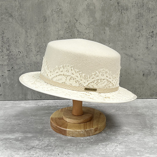 法式时尚名媛蕾丝羊毛呢，礼帽女秋冬奶，白色帽子韩版潮欧美优雅复古