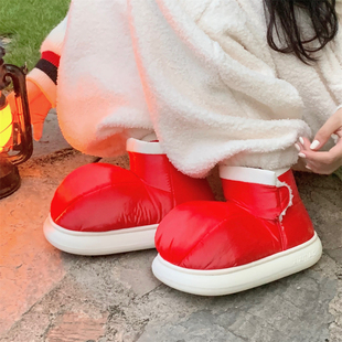 细细条 保暖加绒创意魔术贴亲子棉鞋冬韩版ins潮时尚红色雪地靴女