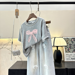 欧美女童装夏季钉珍珠蝴蝶结短袖T恤衫韩版儿童拼蕾丝袖上衣
