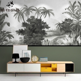 美式田园植物椰树卧室墙纸，欧式中世纪热带雨林，复古壁画墙壁布酒店