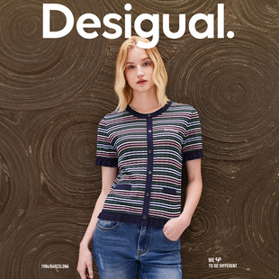 desigual24春夏针织彩色条纹，荷叶摆圆领，短袖女式针织开衫